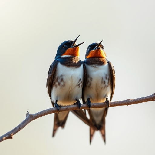 Create an image of two swallows sitting on a branch, one bird with its beak open as if singing, soft focus background, natural light, aperture f/5.6, shutter speed 1/250 sec, ISO 400, DSLR camera with a 200mm lens.