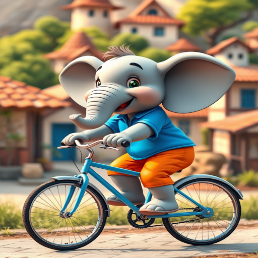 A cute cartoon elephant riding a bicycle, wearing a blue shirt and orange pants, with a whimsical background of a village, shot with a DSLR camera at 50mm, f/2.8 aperture, 1/500 shutter speed, in natural light.