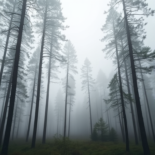 Create a serene landscape of a foggy forest with tall pine trees in a misty atmosphere, soft light diffusing through the fog, captured with a DSLR camera at a focal length of 50mm, aperture f/8, ISO 200, in landscape orientation, with a slight vignette effect for depth.