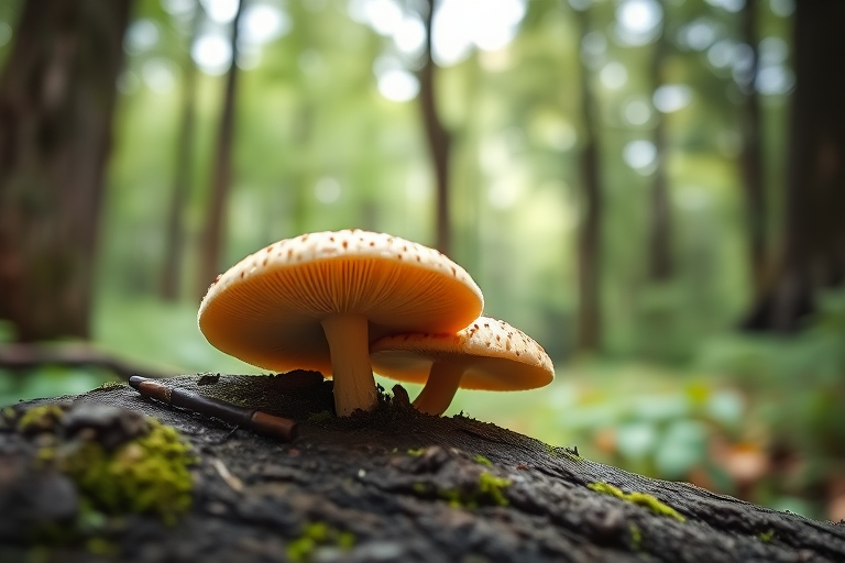 Generate an image of two mushrooms growing from a log in a lush forest setting, with a blurred background of trees and greenery, captured using a DSLR camera at f/2.8 aperture, ISO 100, shutter speed 1/200s, with a macro lens for enhanced detail and soft bokeh effects.