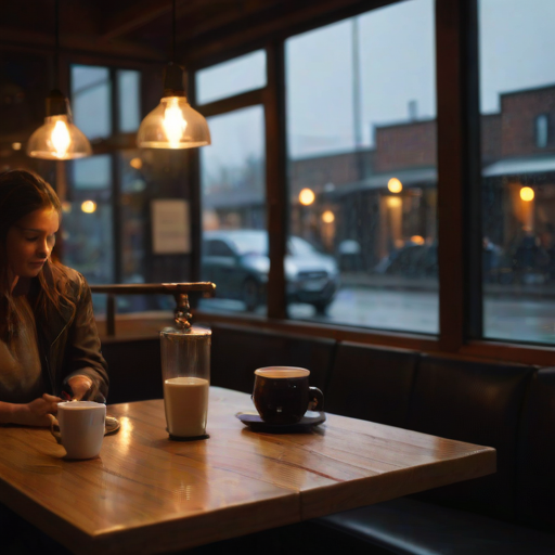 Low-light, moody image of a coffee shop at dusk, soft glow from hanging pendant lights casting a warm hue on the wooden tables, a barista steaming milk in the background, a couple quietly chatting by the window, light rain tapping against the glass.