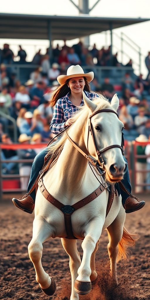 photograph a young woman riding a light-colored horse at a rodeo event with spectators in the background, using a DSLR camera with a 50mm lens, aperture f/2.8, shutter speed 1/500s, ISO 100, natural lighting, captured from a low angle to emphasize the motion and excitement of the scene