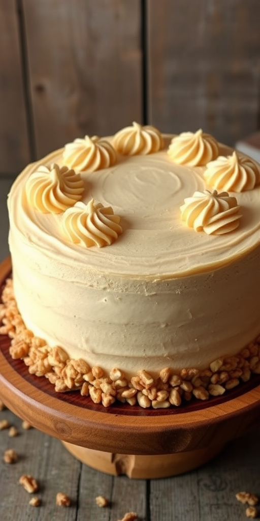 A delicious round cake with a smooth beige frosting decorated with swirls on top and chopped nuts around the base sitting on a wooden cake stand with a rustic background.