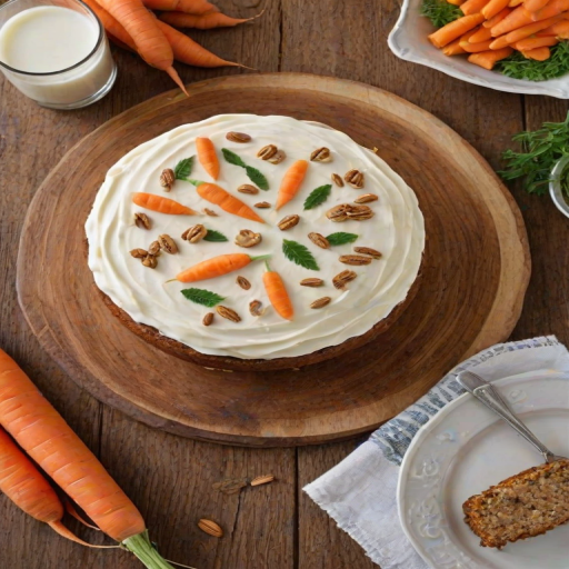 Generate an image of a round carrot cake with cream cheese frosting. The cake should be decorated with small orange carrot designs and green leaves, scattered with chopped nuts on top. Include a rustic wooden board underneath and a glass of milk beside the cake. The background should be softly blurred to emphasize the cake.