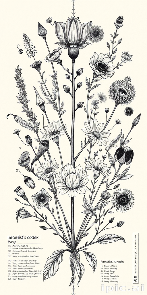 Botanical blackwork tattoo named "Herbalist's Codex" showcasing a detailed collection of medicinal plants and herbs, rendered in precise linework with varying line weights to create depth and texture, incorporating scientific labels and anatomical illustrations of plant structures