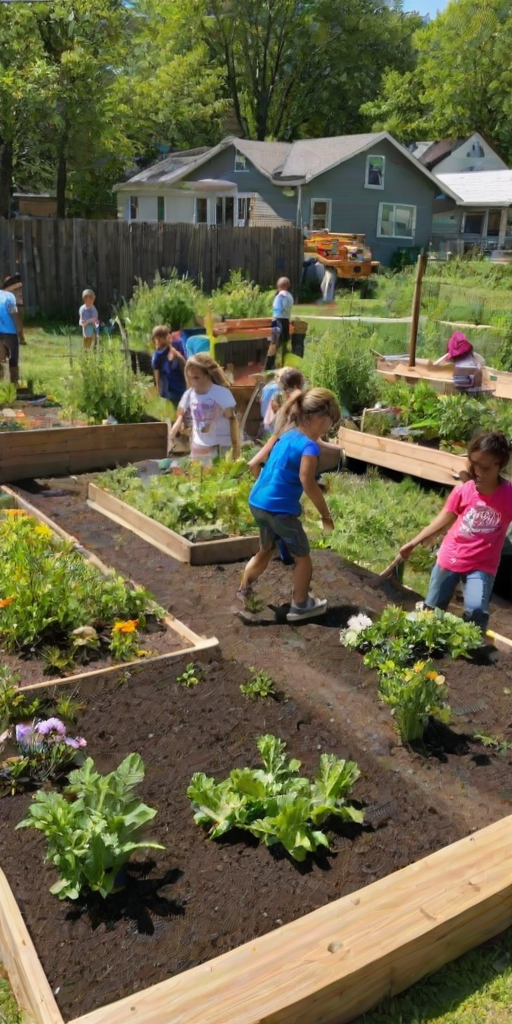 Lively community garden, with neighbors planting flowers and vegetables, children playing nearby, and a sense of community and collaboration in the air.