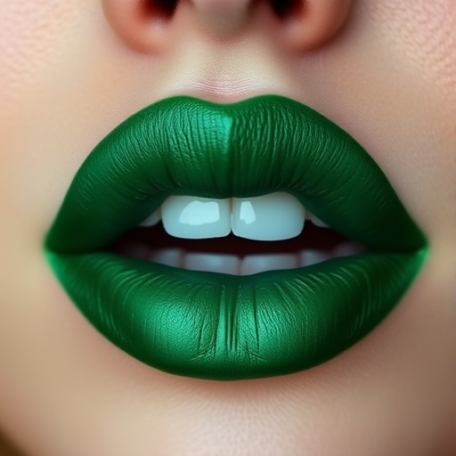 Enchanting emerald green lips captivate with their rich jewel tone, boasting a satiny finish that adds depth and intrigue to the unusual color