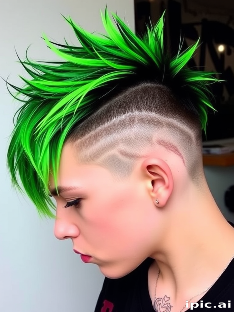 Edgy undercut with long, neon green top layers styled in tousled spikes, featuring shaved patterns on the sides in the rebellious "Cyber Punk" haircut