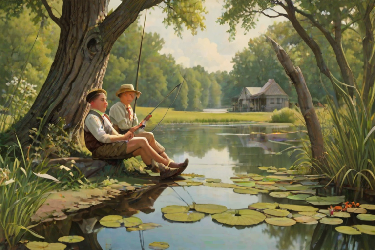 Imagine a small group of old fashioned young boys out fishing by the creek, a swing hanging from a tree branch, reeds and grasses by the water's edge, a frog sitting on a lily pad, dragonflies hovering over som water plans, a very iconic old fashioned scene reminiscent of a Norman Rockwell painting style