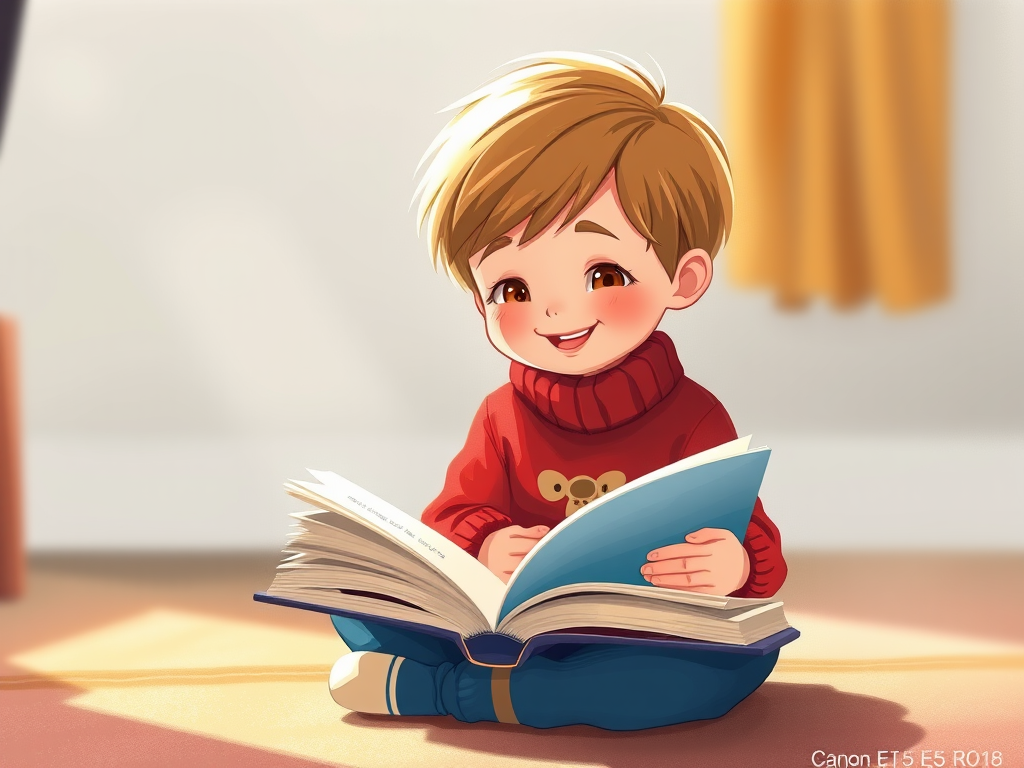 Create an illustration of a young child reading a book, seated cross-legged on the floor, wearing a cozy red sweater and blue pants, with a smiling expression, in high resolution, with a soft focus background and vibrant colors to enhance the whimsical feel, shot with a Canon EOS R5, 50mm lens at f/1.8, natural light, 1/125s shutter speed.