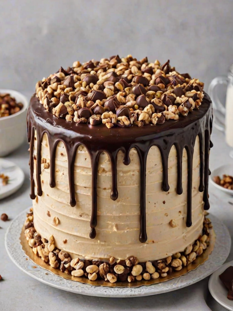 Create an image of a layered cake with a smooth buttercream frosting. The top is decorated with chocolate ganache drips and topped with swirls of frosting. Add crushed nuts and pieces of chocolate candies for decoration, ensuring a rich and indulgent look.