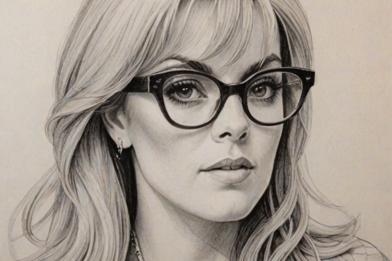 Captivating Dina Lohan, pencil sketch, portrait of Graceful woman 1955s in glasses, hair style beatnik, outline, clear lines, fine lines, 8k