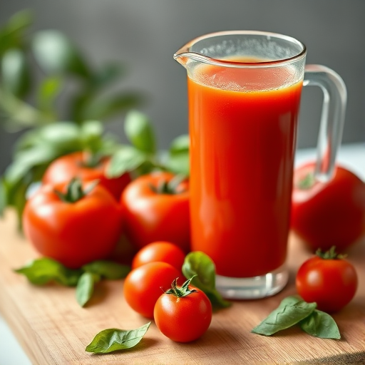 A glass of fresh tomato juice with a pitcher, surrounded by ripe tomatoes and basil leaves on a wooden cutting board, captured in natural lighting with a Canon EOS R5, 50mm lens, f/1.8 aperture, ISO 100, 1/200 sec shutter speed, shallow depth of field for a beautifully blurred background.