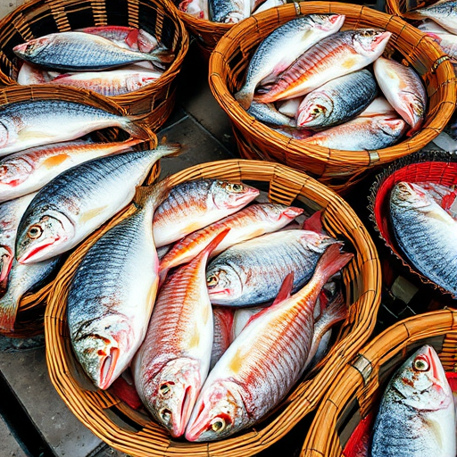 photograph of fresh fish displayed in market baskets, vibrant colors and detailed textures, taken with a DSLR camera, 50mm lens, f/2.8 aperture, ISO 200, natural lighting, overhead angle, high depth of field for sharpness, focus on the fish details