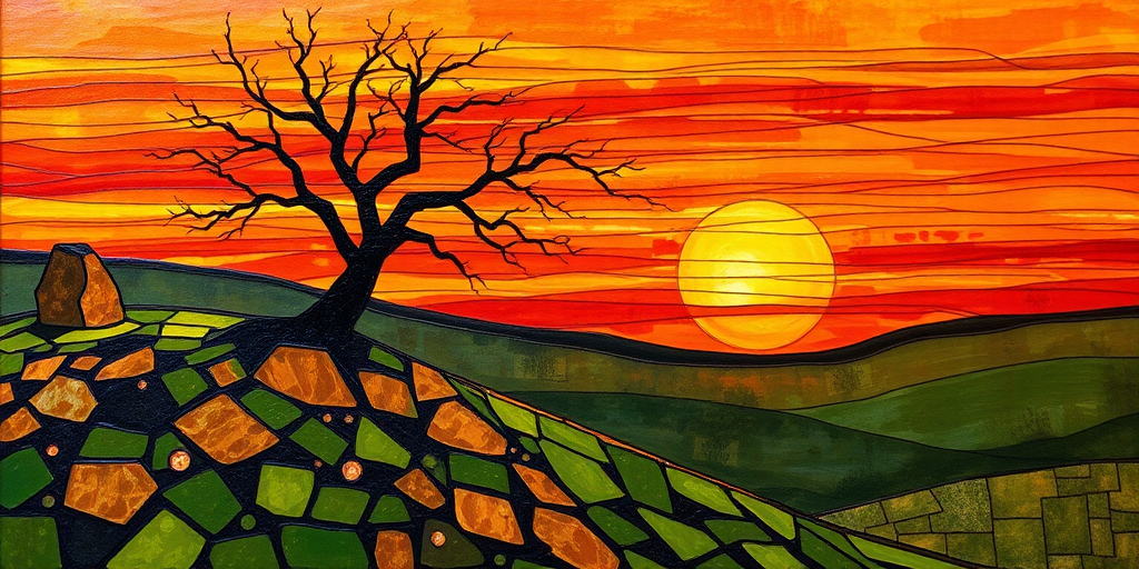 A vibrant abstract painting on Tiffany Glass, blending acrylic and alcohol ink techniques, captures a dramatic sunset over rolling hills. The artwork features a textured, rocky foreground in green and brown, layered abstract hills, and a striking sunset in rich oranges, yellows, and reds. A solitary black tree with intricate branches contrasts against the fiery sky, creating a dynamic and expressive portrayal of a breathtaking natural scene.