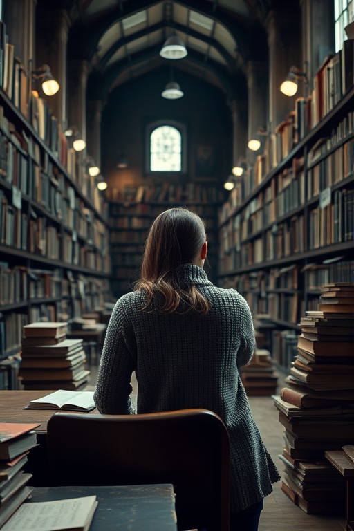 Quiet library filled with old books and high ceilings, a woman in a cozy sweater sits at a wooden desk, surrounded by stacks of dusty volumes.
