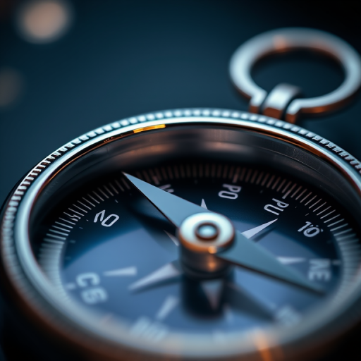Create a highly detailed, close-up image of a compass with a sleek design and a polished surface, using a DSLR camera with a 50mm lens at f/1.8, ISO 100, and a soft focus background to enhance clarity and depth.