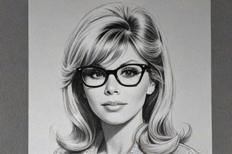 Appealing Nancy Sinatra, pencil sketch, portrait of Enchanting woman 1964s in glasses, hair style beatnik, outline, clear lines, fine lines, 8k