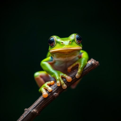 A close-up shot of a vibrant green frog perched on a branch, with a dark blurred background, using a DSLR camera, 50mm lens, f/2.8 aperture, ISO 200, and natural light for enhanced image quality.
