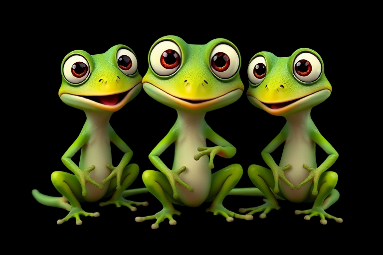 Three cartoonish green lizards with big eyes in playful poses against a black background, captured with a DSLR camera, 50mm lens, f/2.8 aperture, ISO 100, focused on vibrant colors and sharp details, in a high-resolution digital style.