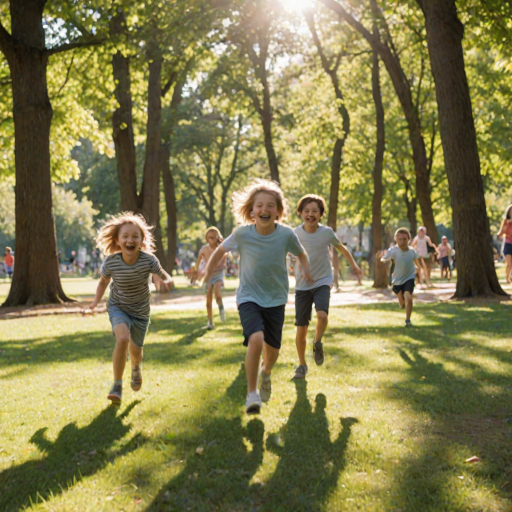Blurry candid shot of a group of children playing tag in a sunny park, laughter filling the air, with trees providing dappled shade around them.