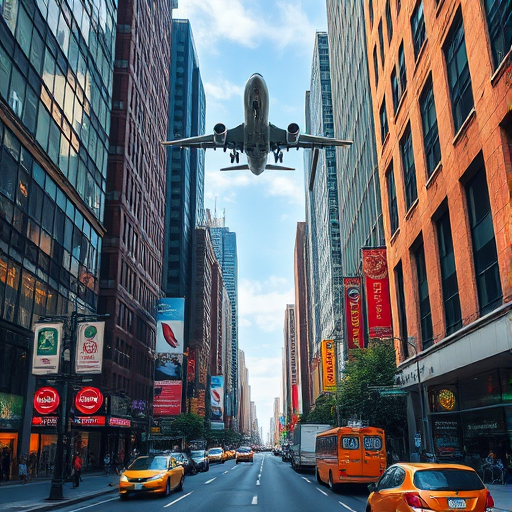 A bustling city street with a large airplane approaching for landing above skyscrapers, vibrant colors, high detail, shot with a DSLR camera at ISO 100, f/8 aperture, 1/500 sec shutter speed, wide-angle lens, and a panoramic view for enhanced depth.