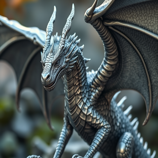 Generate a highly detailed image of a silver dragon with intricate scales and large wings, captured in a dynamic pose, using a Canon EOS 5D Mark IV, with a 50mm f/1.8 lens, aperture set to f/4, ISO 100, and a shallow depth of field for a sharp focus on the dragon while softly blurring the background, with natural lighting to enhance texture and detail.