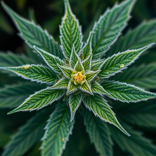 macro shot of cannabis plant with detailed foliage and frosty texture, f/2.8 aperture, ISO 100, 1/200 sec exposure, top-down view, DSLR camera, natural lighting