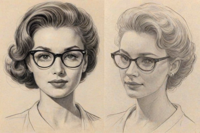 Delightful Sofia Vassilieva, pencil sketch, portrait of Radiant woman 1953s in glasses, hair style beatnik, outline, clear lines, fine lines, 8k