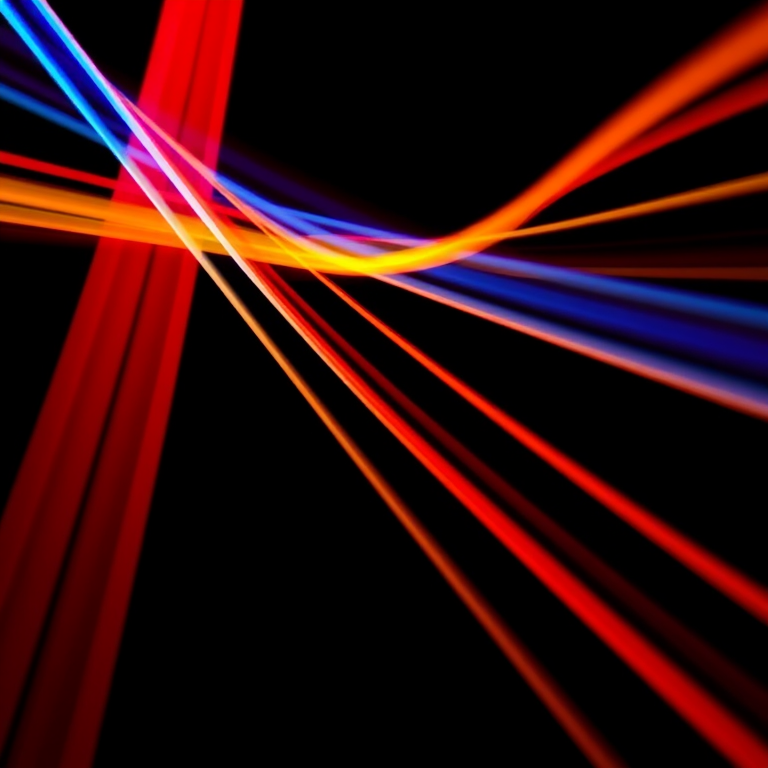 Create an abstract image featuring vibrant red, blue, yellow, and orange lines converging in the center against a black background, captured with a Canon EOS R5 using a 50mm f/1.2 lens, f/1.8 aperture, ISO 100, and 1/125 sec shutter speed for enhanced clarity and contrast.