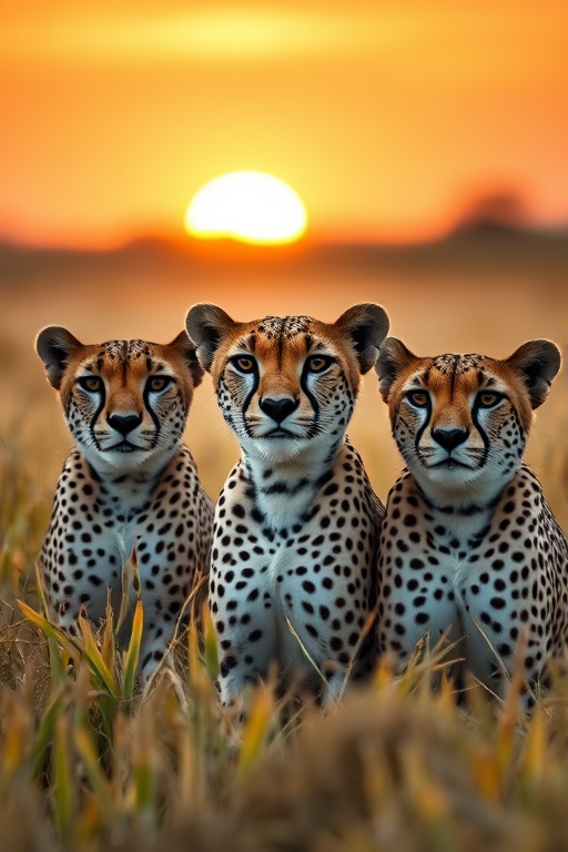 Create a breathtaking image of three cheetah faces in a golden grassland during sunset, using a DSLR camera with a 50mm lens, aperture f/1.8, ISO 100, and a shallow depth of field to blur the background for emphasis on the subjects.