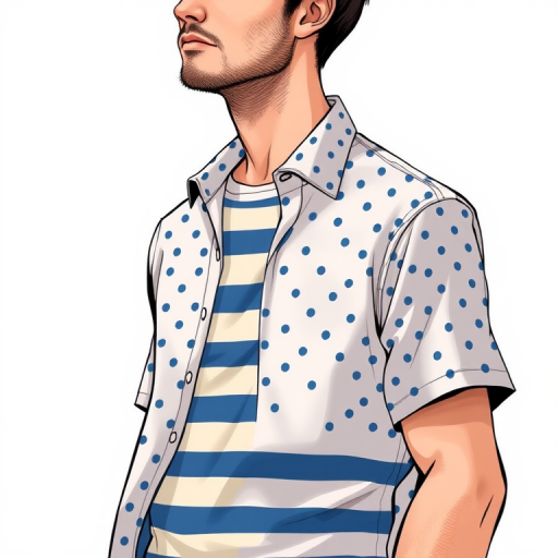 Create a detailed illustration of a male figure wearing a polka dot shirt over a striped t-shirt, with a plain background, shot with a Canon EOS R5, 50mm lens, aperture f/1.8, ISO 100, in natural light to enhance colors and textures.