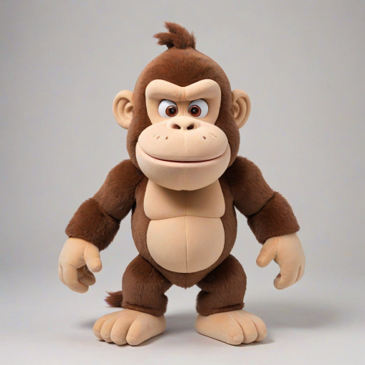 Donkey Kong children's version of an adorable and cute cotton plush with a full body on a white background. A good front pose is visible with extreme quality and every detail. The image features good lighting, a well-chosen color palette, and a 3D appearance.