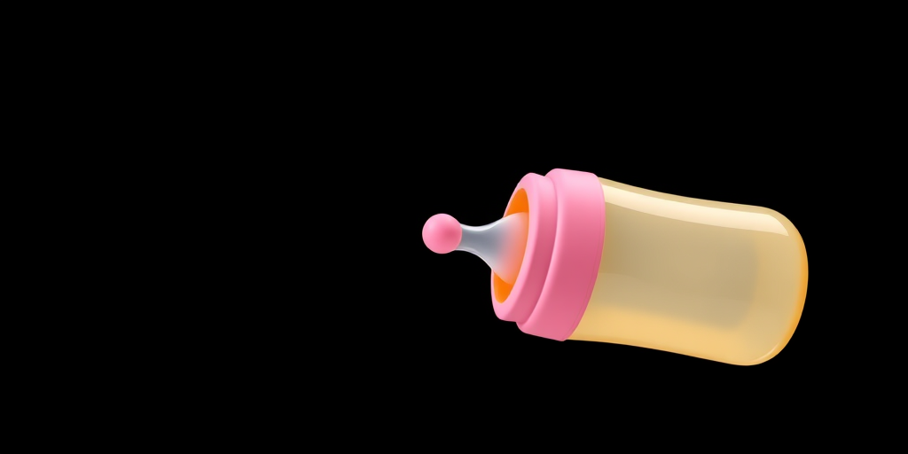 Create a digital illustration of a baby bottle with a pink nipple and orange ring on a solid black background, using a DSLR camera, aperture f/2.8 for a shallow depth of field, ISO 100 for low noise, and a 50mm lens for sharp detail.