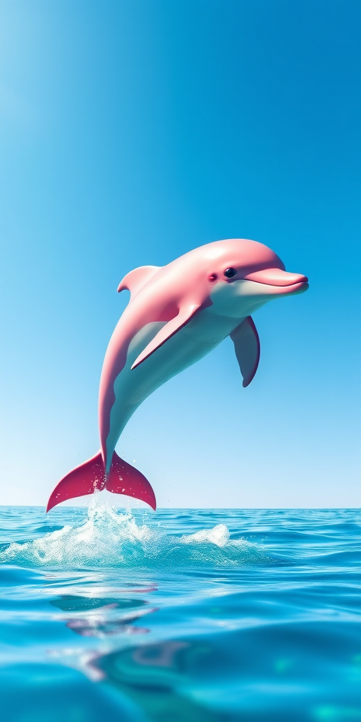 Create a digital illustration of a pink dolphin jumping out of the water against a clear blue sky, captured with a 50mm lens at f/2.8, ISO 100, 1/500 sec, in a vibrant and colorful style, using a high-resolution digital camera.