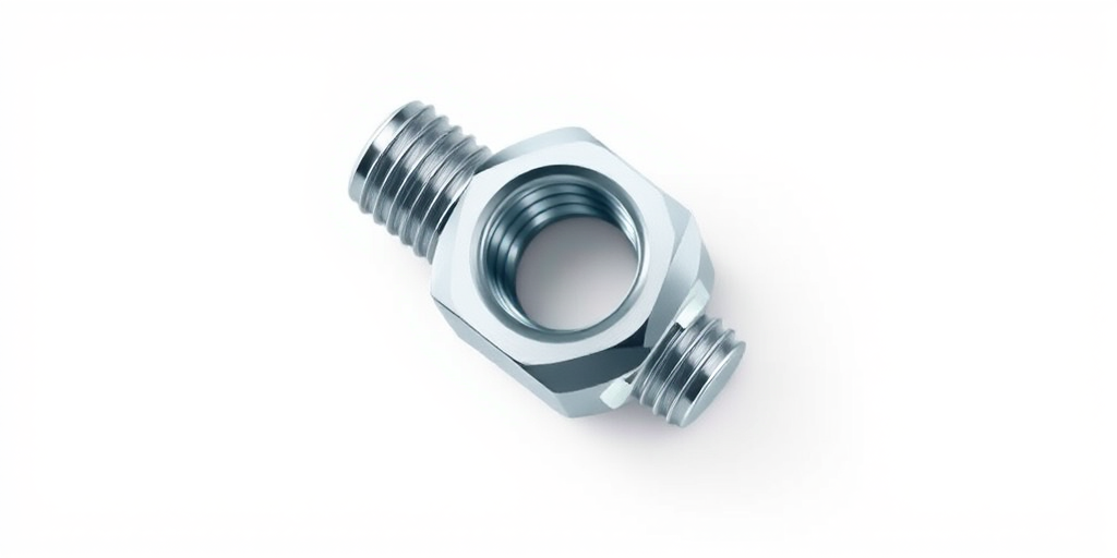 Illustration of a metallic bolt and nut on a white background, high-resolution, 50mm lens, f/8 aperture, ISO 100, soft lighting, top-down view, sharp focus, vector style with smooth gradients.