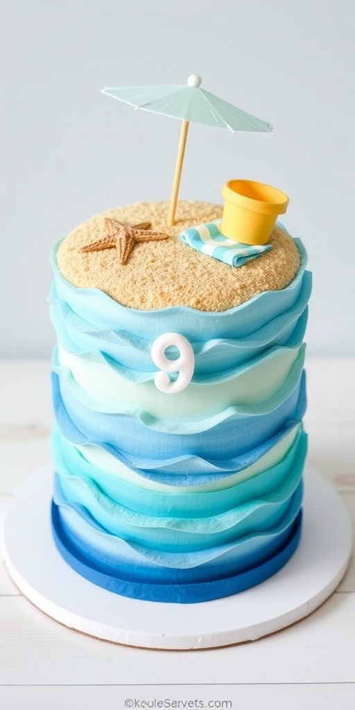 Create an image of a beach-themed cake with layers of blue frosting resembling ocean waves a sandy beach on top decorated with a small umbrella beach towel and a bucket add a starfish decoration and a number nine on the cake