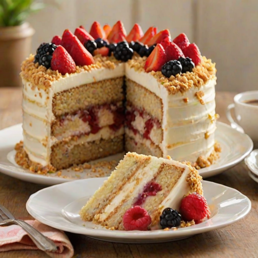 Create an image of a layered cake with a golden crumb topping. The cake should have visible layers of creamy filling and fruit, showcasing its moist texture. The background should feature a soft, natural setting with greenery to enhance the cake's appeal.