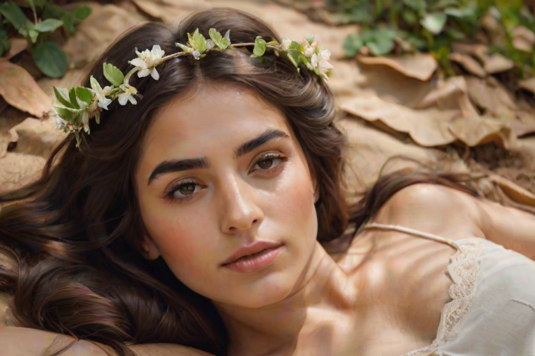 create a watercolor painting of an ethereal portrait of beautiful Chaldean woman with a simple white flower crown on her head. Her hair is long and she is lying on the ground. The sunlight on the trees casts shadows from the leaves on her face and body. The background is a neutral brown color that matches her skin tone. The image is minimalist and solid colors. This style is characterized by soft, delicate brushstrokes and a light, airy, contrasting color palette. High level of detail and play of light