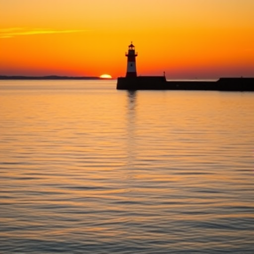 Regenerate a serene seascape at sunset featuring a lighthouse reflecting on calm waters, with vibrant orange and gold hues in the sky, using a DSLR camera with a 50mm lens, aperture f/8, shutter speed 1/125s, ISO 200, shot at eye level with a slight vignette effect for depth.