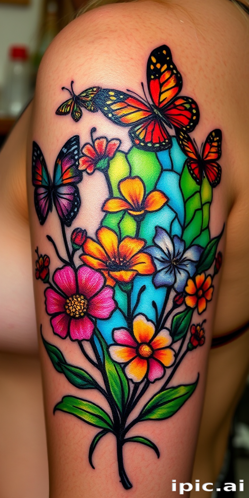 Stained glass tattoo called "Luminary Mosaic" depicting a nature scene with vibrant flowers and butterflies, rendered in the style of a stained glass window with bold black outlines separating distinct color segments, creating a luminous effect on the skin