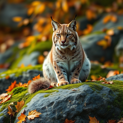 Lynx sitting on mossy rocks surrounded by autumn leaves, soft natural lighting, shallow depth of field, 85mm lens, f/1.8, ISO 200, captured with a DSLR camera, high-resolution image.