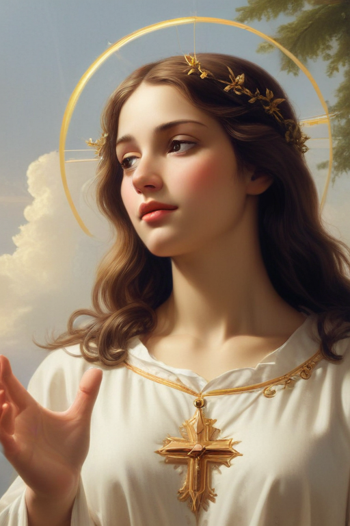 Serene Portrait of a Young Woman with a Halo and Cross