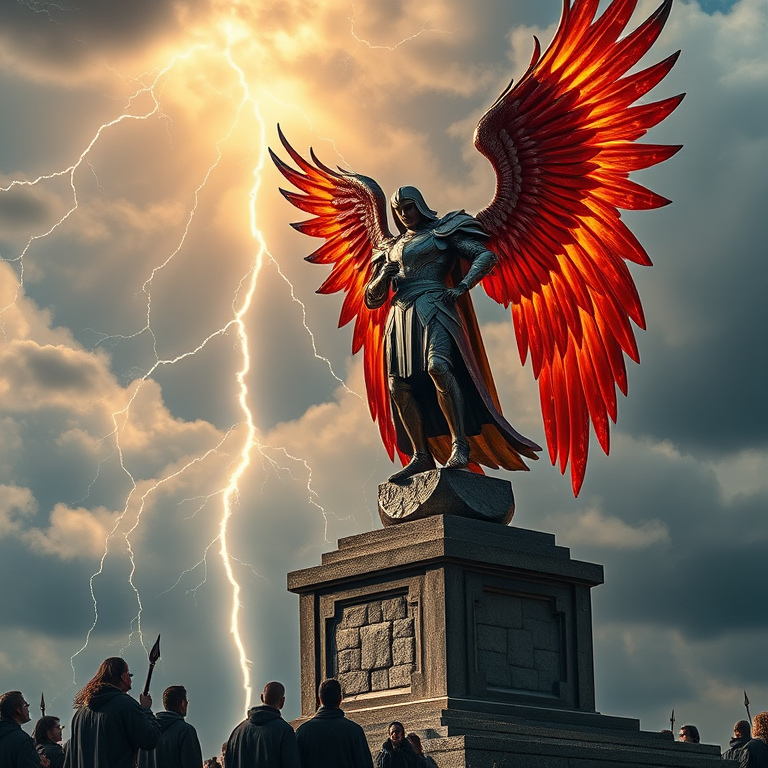 Create a high-quality image of a majestic armored angel with fiery wings standing on a stone pedestal, lightning striking in a dramatic sky, with dark figures in worship at the base, shot with a DSLR camera at f/2.8, ISO 100, 24mm lens, taken from a low angle to enhance dominance and grandeur, in high dynamic range style for vibrant colors and detail.