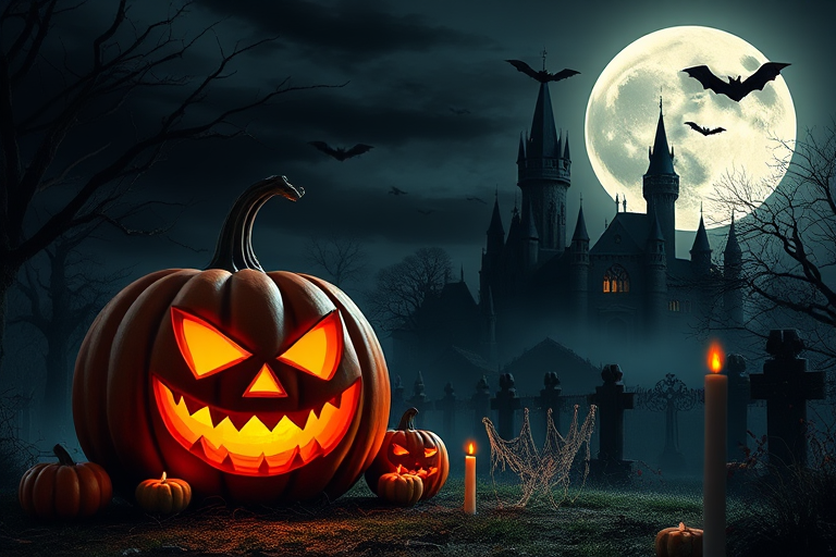 Create a spooky Halloween scene featuring a large glowing jack-o-lantern with a menacing face in the foreground surrounded by smaller pumpkins candles and cobwebs in a dark eerie graveyard with a full moon shining brightly in the night sky and a haunted castle in the background silhouetted against the moon with bats flying around spooky trees and a misty atmosphere