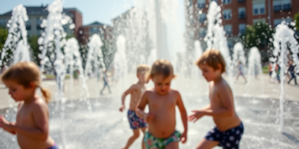 Blurry, candid photo of children playing in a fountain on a hot summer day, water spraying in all directions, with distant buildings casting long shadows on the street.