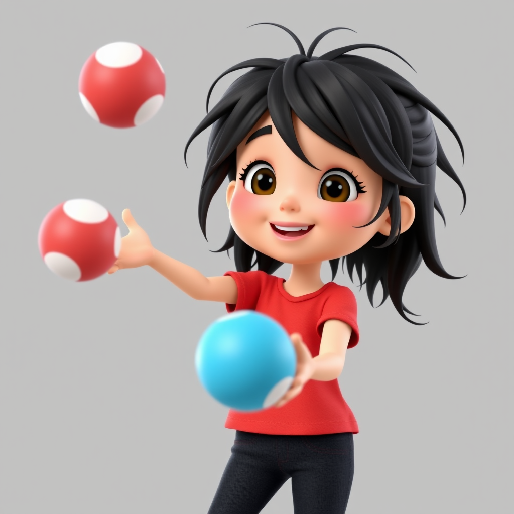 A 3D animated 6-year-old girl with long messy dark hair, joyfully She is juggling balls with her hand. , wearing a red t-shirt and black jeans, set against a gray background.