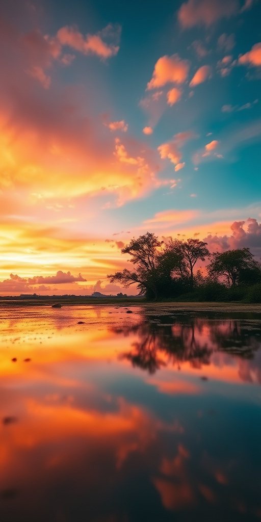 Create an image of a serene landscape at sunset with a vibrant sky and calm water reflections, using a Nikon D850 camera with a 35mm f/1.8 lens, ISO 100, aperture f/8, shutter speed 1/125s, shot from a low angle to enhance foreground details and depth of field.
