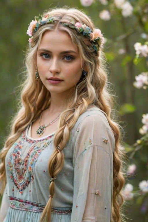 Create an image of a young Indian woman with long, wavy blonde hair, adorned with small, colorful flowers woven into her braids and loose strands. Her complexion is fair, with soft, glowing skin, and she has light blue eyes that gaze softly at the viewer. She wears a light, flowing dress with a gentle, ethereal quality, complementing her delicate and serene appearance. The background is slightly blurred, drawing focus to her tranquil expression and the intricate details of the flowers in her hair. The overall mood of the image is one of natural beauty and grace, evoking a sense of peacefulness and connection with nature.