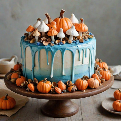 Create an image of a fall-themed cake with a smooth white frosting topped with pastel-colored meringue mushrooms in shades of orange and blue. The bottom of the cake should have a sprinkle of golden sugar or crushed graham crackers, and it should be displayed on a rustic cake stand. Include some small decorative pumpkins around the base for a seasonal touch.